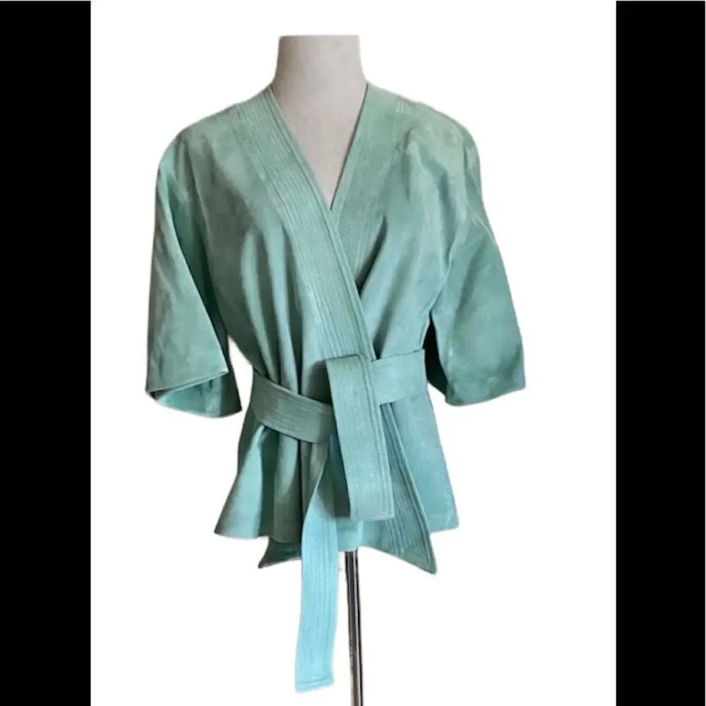 NWT Alexis green suede leather wrap belted jacket L